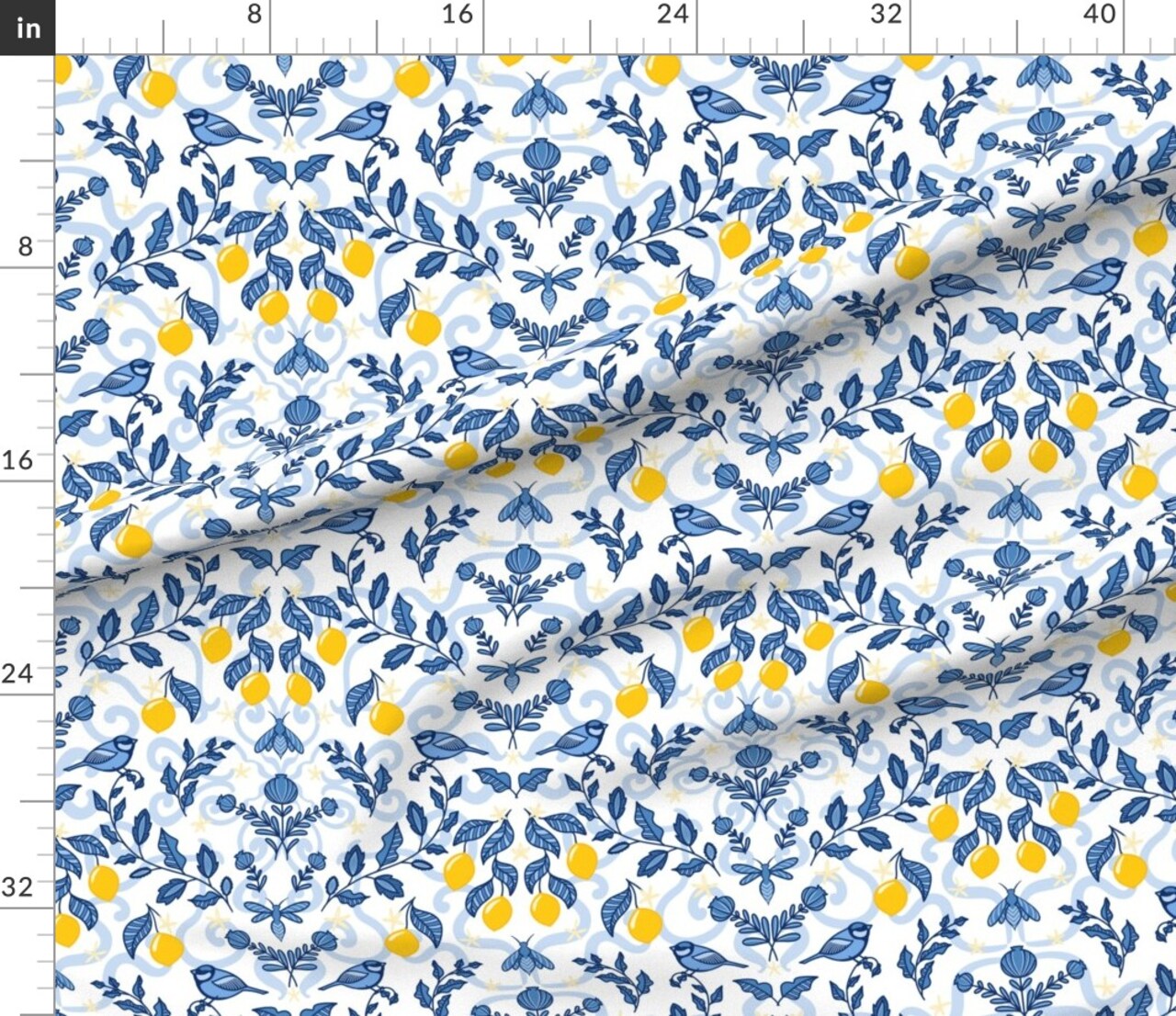 Botanical Citrus Lemon White Blue Whimsical Custom Printed Fabric by Spoonflower Various Fabrics by the Yard or Fat Quarter